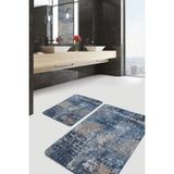 Rem Home Remhome Krem - Mavi Zeminde Eskitme Motifli Retro Eskitme Motifli Modern 2'li Banyo & Mutfak Paspas Takımı Takım Banyo Paspası - Mavi - Lacivert - 2'li Set