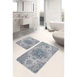 Rem Home Remhome Krem - Mavi Zeminde Göbekli Halı Motifli Dokuma Vintage Avangarde 2'li Banyo & Mutfak Paspas Takımı Takım Banyo Paspası - Beyaz - Krem - Bej - 2'li Set