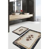 Rem Home Remhome Krem - Siyah Zeminde Geleneksel Motifli Dokuma Avangarde Etnik Motifler 2'li Banyo Paspas Takımı Takım Banyo Paspası - 2'li Set