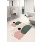 Rem Home Remhome Krem - Yeşil Zeminde Soyut Motifli Boyama Desenli Bohem Klasik 2'li Banyo & Mutfak Paspas Takımı Takım Banyo Paspası - Yeşil - Haki - 2'li Set