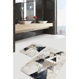 Rem Home Remhome Krem Zeminde Geometrik Motifli Mermer Desenli Geometrik Klasik 2'li Banyo & Mutfak Paspas Takımı Takım Banyo Paspası - Siyah - 2'li Set