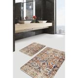 Rem Home Remhome Krem Zeminde Osmanlı Motifli Kilim Etnik Motifler Eskitme Motifli 2'li Banyo & Mutfak Paspas Takımı Takım Banyo Paspası - Beyaz - Krem - Bej - 2'li Set
