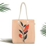 Rem Home Remhome Krem Zeminli Tropik Yaprak Motifli Fermuarlı Kumaş Plaj Çantası Omuz Çantası - 45 x 50 x 7 cm - Renkli