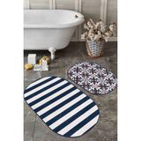 Rem Home Remhome Lacivert Geometrik Çizim Düz Çizgili 2'li Oval Banyo Paspas Takımı & Mutfak Paspas Takımı Takım Banyo Paspası - Renkli - 2'li Set