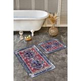 Rem Home Remhome Lacivert Kırmızı Zemin Göbekli Halı Motif Antika Desen Avangarde 2'li Banyo & Mutfak Paspas Takımı Takım Banyo Paspası - Kırmızı - Bordo - 2'li Set
