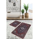 Rem Home Remhome Lacivert Kırmızı Zeminde Uşak Motifli Yöresel Etnik Motifler Vintage 2'li Banyo Mutfak Paspas Takımı Takım Banyo Paspası - Kırmızı - Bordo - 2'li Set