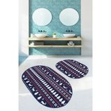 Rem Home Remhome Lacivert Zemin Kanaviçe Yılbaşı Temalı 2'li Oval Kaymaz Tabanlı Banyo & Mutfak Paspas Takımı Takım Banyo Paspası - Renkli - 2'li Set