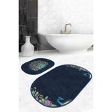 Rem Home Remhome Lacivert Zemin Tropik Çiçekli Tavuskuşu Motifli 2'li Oval Kaymaz Tabanlı Banyo Mutfak Paspas Seti Takım Banyo Paspası - Renkli - 2'li Set