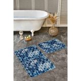 Rem Home Remhome Lacivert Zeminde Geometrik Motifli Mürekkep Modern Eskitme Motifli 2'li Banyo & Mutfak Paspas Takımı Takım Banyo Paspası - Mavi - Lacivert - 2'li Set