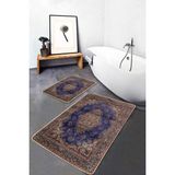 Rem Home Remhome Lacivert Zeminde Uşak Motifli Yöresel Desenli Avangarde Vintage 2'li Banyo & Mutfak Paspas Takımı Takım Banyo Paspası - Çok Renkli - 2'li Set
