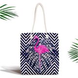 Rem Home Remhome Lacivert Zeminli Flamingo Desenli Dijital Baskılı Fermuarlı Omuz - Plaj Çantası Omuz Çantası - 45 x 50 x 7 cm - Renkli