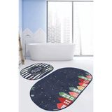 Rem Home Remhome Lacivert Zeminli Renkli Evler Özel Tasarım 2'li Oval Kaymaz Tabanlı Banyo & Mutfak Paspas Takımı Takım Banyo Paspası - 2'li Set