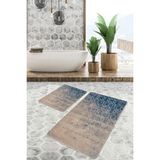 Rem Home Remhome Mavi Bej Zeminde Antik Motifli Dokuma Halı Geometrik Eskitme Motifli 2'li Banyo Mutfak Paspas Takımı Takım Banyo Paspası - Mavi - Lacivert - 2'li Set