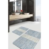 Rem Home Remhome Mavi - Bej Zeminde Geometrik Motifli Etnik Eskitme Motifli Geometrik 2'li Banyo Mutfak Paspas Takımı Takım Banyo Paspası - Mavi - Lacivert - 2'li Set