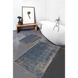 Rem Home Remhome Mavi Bej Zeminde Örme Motifli Dokuma Halı Eskitme Motifli Geometrik 2'li Banyo Mutfak Paspas Takımı Takım Banyo Paspası - Mavi - Lacivert - 2'li Set