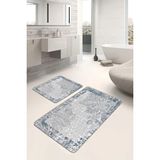 Rem Home Remhome Mavi Beyaz Zeminde Çerçeveli Motifli Otantik Eskitme Motifli Vintage 2'li Banyo Mutfak Paspas Takımı Takım Banyo Paspası - Turkuaz - 2'li Set