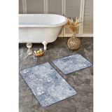 Rem Home Remhome Mavi - Beyaz Zeminde Eskitme Motifli Çiçek Eskitme Motifli Vintage 2'li Banyo & Mutfak Paspas Takımı Takım Banyo Paspası - Mavi - Lacivert - 2'li Set