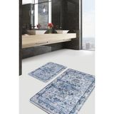 Rem Home Remhome Mavi - Beyaz Zeminde Rustik Motifli Dokuma Avangarde Eskitme Motifli 2'li Banyo Mutfak Paspas Takımı Takım Banyo Paspası - Mavi - Lacivert - 2'li Set
