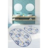Rem Home Remhome Mavi Çini Motifli Kelebek Tasarım Dijital Baskılı 2'li Oval Kaymaz Taban Banyo & Mutfak Paspas Seti Takım Banyo Paspası - Renkli - 2'li Set