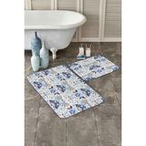 Rem Home Remhome Mavi Çini Motifli Kelebek Tasarımlı Dijital Baskılı 2'li Kaymaz Tabanlı Banyo & Mutfak Paspas Takımı Takım Banyo Paspası - Renkli - 2'li Set