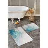 Rem Home Remhome Mavi - Gold Zeminde Altın Motifli Mermer Desenli Modern Klasik 2'li Banyo & Mutfak Paspas Takımı Takım Banyo Paspası - Turkuaz - 2'li Set