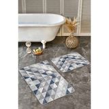 Rem Home Remhome Mavi - Gri Zeminde Geometrik Motifli Antik Geometrik Eskitme Motifli 2'li Banyo Mutfak Paspas Takımı Takım Banyo Paspası - Mavi - Lacivert - 2'li Set