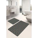 Rem Home Remhome Mavi - Kahverengi Zeminde Etnik Motifli Art Deco Geometrik Vintage 2'li Banyo & Mutfak Paspas Takımı Takım Banyo Paspası - 2'li Set