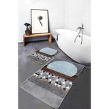 Rem Home Remhome Mavi - Kahverengi Zeminde Geometrik Motifli Kanvas Desenli Geometrik Klasik 2'li Banyo Paspas Takımı Takım Banyo Paspası - Mavi - Lacivert - 2'li Set