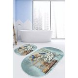 Rem Home Remhome Mavi Kuş Özel Tasarım Dijital Baskılı 2'li Oval Kaymaz Tabanlı Banyo & Mutfak Paspas Takımı Takım Banyo Paspası - Renkli - 2'li Set
