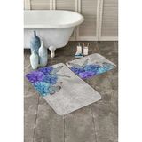 Rem Home Remhome Mavi Ortanca Çiçeği Kelebek Motifli 2'li Kaymaz Tabanlı Banyo & Mutfak Paspas Takımı Takım Banyo Paspası - Renkli - 2'li Set