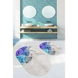 Rem Home Remhome Mavi Ortanca Çiçeği Kelebek Motifli 2'li Oval Kaymaz Tabanlı Banyo & Mutfak Paspas Takımı Takım Banyo Paspası - Renkli - 2'li Set