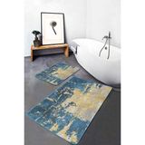 Rem Home Remhome Mavi - Sarı Zeminde Eskitme Motifli Boyama Eskitme Motifli Klasik 2'li Banyo & Mutfak Paspas Takımı Takım Banyo Paspası - Mavi - Lacivert - 2'li Set