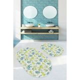 Rem Home Remhome Mavi Yeşil Sonbahar Yaprakları Dijital Baskılı 2'li Oval Kaymaz Tabanlı Banyo & Mutfak Paspas Takımı Takım Banyo Paspası - Renkli - 2'li Set