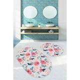 Rem Home Remhome Mavi Zemin Kelebek Gül Motifli Özel Tasarım 2'li Oval Kaymaz Tabanlı Banyo & Mutfak Paspas Takımı Takım Banyo Paspası - Renkli - 2'li Set