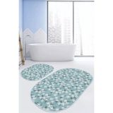 Rem Home Remhome Mavi Zemin Papatya Tasarımlı 2'li Oval Kaymaz Tabanlı Banyo & Mutfak Paspas Takımı Takım Banyo Paspası - Renkli - 2'li Set