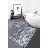 Rem Home Remhome Mavi Zeminde Eskitme Motifli Geleneksel Geometrik Eskitme Motifli 2'li Banyo & Mutfak Paspas Takımı Takım Banyo Paspası - Mavi - Lacivert - 2'li Set