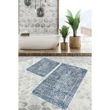 Rem Home Remhome Mavi Zeminde Göbekli Halı Motifli Etnik Eskitme Motifli Avangarde 2'li Banyo & Mutfak Paspas Takımı Takım Banyo Paspası - Mavi - Lacivert - 2'li Set