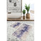 Rem Home Remhome Mavi Zeminde Örme Motifli Antik Desenli Eskitme Motifli Vintage 2'li Banyo & Mutfak Paspas Takımı Takım Banyo Paspası - Mavi - Lacivert - 2'li Set