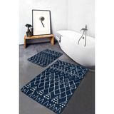Rem Home Remhome Mavi Zeminde Otantik Motifli Geleneksel Geometrik Etnik Motifler 2'li Banyo & Mutfak Paspas Takımı Takım Banyo Paspası - Mavi - Lacivert - 2'li Set