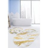 Rem Home Remhome Mermer Tasarımlı Gold Detaylı Dijital Baskılı 2'li Oval Kaymaz Tabanlı Banyo & Mutfak Paspas Takımı Takım Banyo Paspası - Renkli - 2'li Set