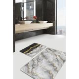 Rem Home Remhome Mermer Zemin Siyah Mermer Detaylı 2'li Kaymaz Tabanlı Banyo & Mutfak Paspas Takımı Takım Banyo Paspası - Renkli - 2'li Set