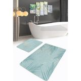 Rem Home Remhome Mint Yeşili Temalı Yaprak Desenli 2'li Kaymaz Tabanlı Banyo & Mutfak Paspas Takımı Takım Banyo Paspası - Renkli - 2'li Set
