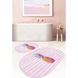 Rem Home Remhome Pembe Düz Çizgili Ananas Motifli 2'li Oval Kaymaz Tabanlı Banyo & Mutfak Paspas Takımı Takım Banyo Paspası - Renkli - 2'li Set
