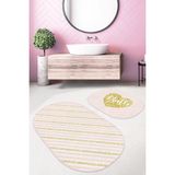 Rem Home Remhome Pembe Gold Çizgili Dijital Baskılı 2'li Oval Kaymaz Tabanlı Banyo & Mutfak Paspas Takımı Takım Banyo Paspası - Renkli - 2'li Set