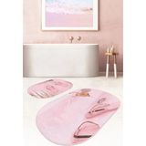 Rem Home Remhome Pembe Gold Detaylı Terlik Tasarımlı 2'li Oval Kaymaz Tabanlı Banyo & Mutfak Paspas Takımı Takım Banyo Paspası - Renkli - 2'li Set