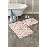 Rem Home Remhome Pembe Kareli Zemin Gold Kalp Detaylı 2'li Kaymaz Tabanlı Banyo & Mutfak Paspas Takımı Takım Banyo Paspası - Renkli - 2'li Set