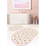 Rem Home Remhome Pembe Kareli Zemin Gold Kalp Detaylı 2'li Oval Kaymaz Tabanlı Banyo & Mutfak Paspas Takımı Takım Banyo Paspası - Renkli - 2'li Set