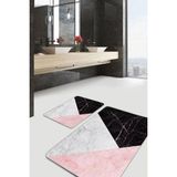 Rem Home Remhome Pembe - Siyah Zeminde Mermer Motifli Geometrik Desenli Geometrik Sade & Şık 2'li Banyo Paspas Takımı Takım Banyo Paspası - 2'li Set