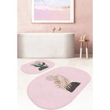 Rem Home Remhome Pembe Zemin Bohem Tropik Yaprak Tasarımlı 2'li Oval Kaymaz Tabanlı Banyo & Mutfak Paspas Takımı Takım Banyo Paspası - Renkli - 2'li Set