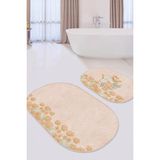 Rem Home Remhome Pembe Zemin Papatya Motifli 2'li Oval Kaymaz Tabanlı Mutfak Halı Seti & Banyo Paspas Takımı Takım Banyo Paspası - Renkli - 2'li Set